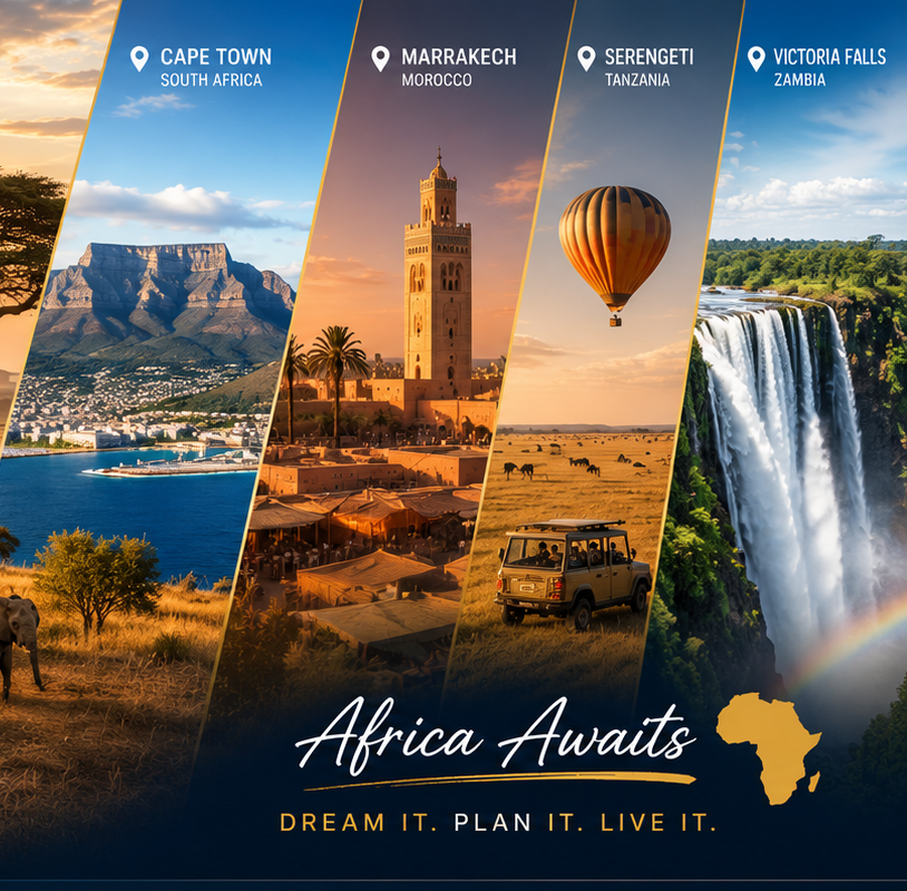 Collage of African destinations including Cape Town, Marrakech, Serengeti, and Victoria Falls
