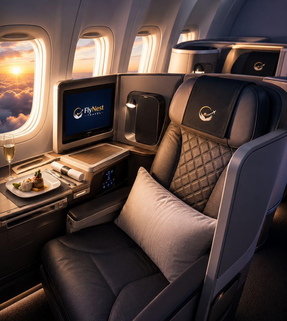 Passenger enjoying a spacious business class cabin seat