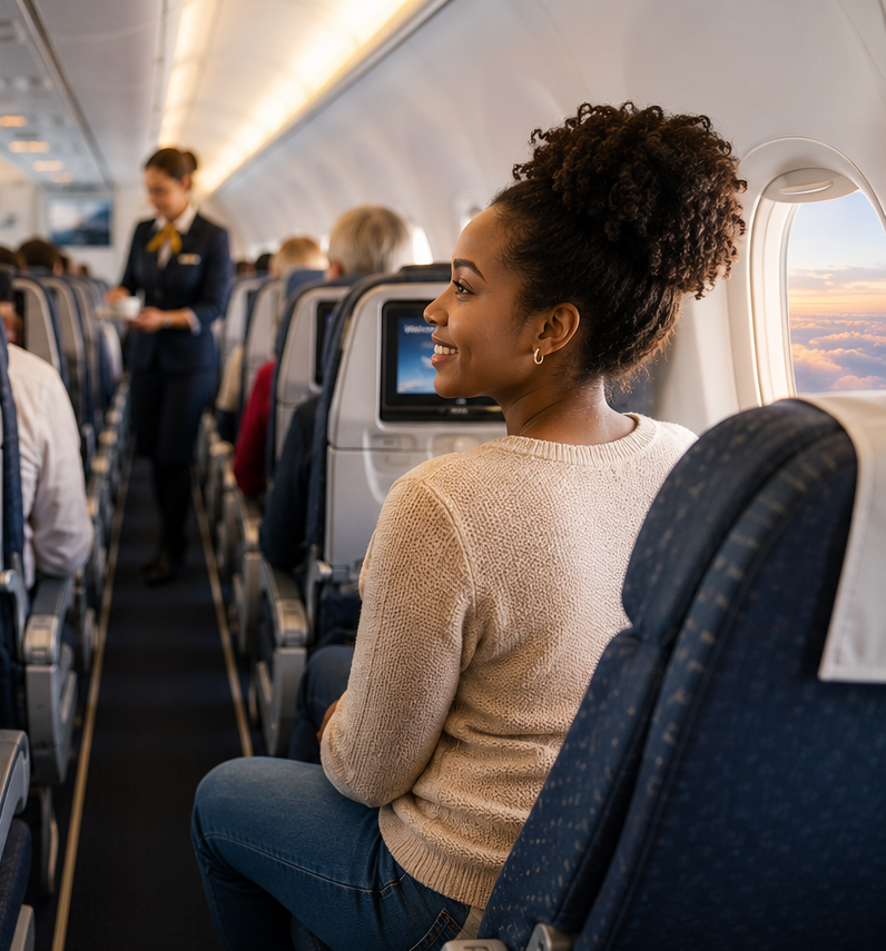 Passenger relaxing in an economy class cabin seat